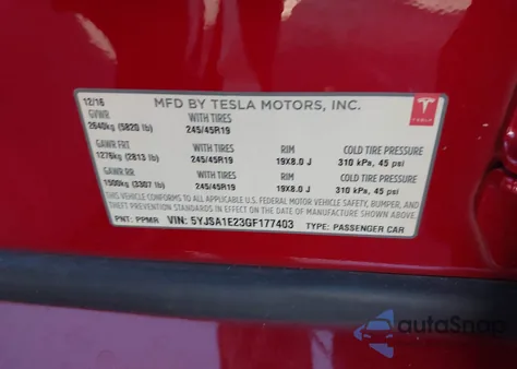 2016 Tesla Model S 60D/70D/75D/85D/90D from USA, damaged, VIN 5YJSA1E23GF177403